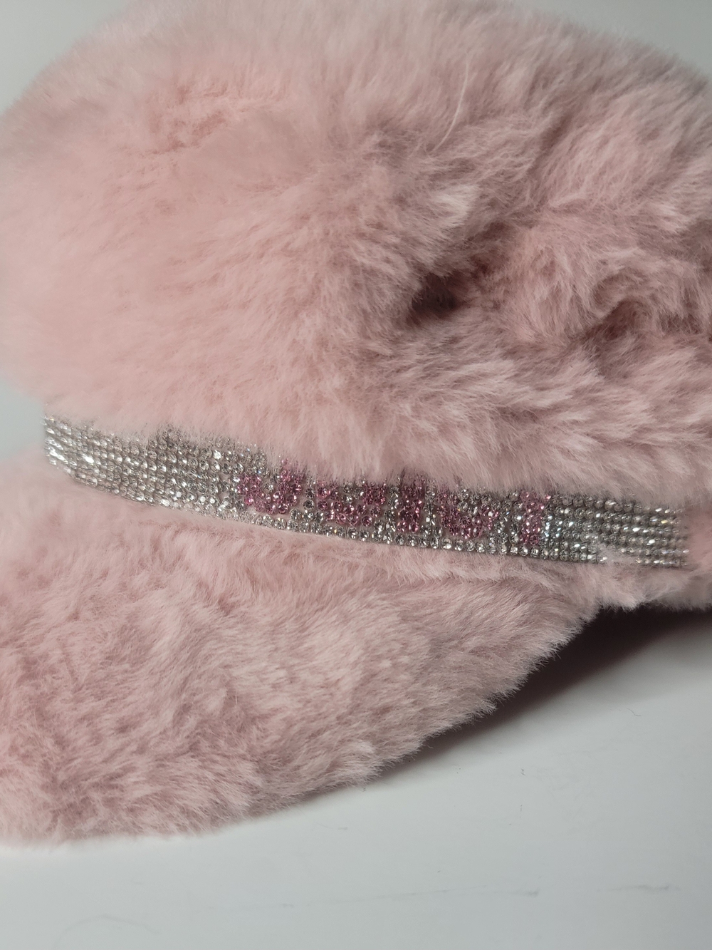 Juicy Couture Pink Faux Fur cabbie Fluffi  Hat with Rhinestone Band  One Size